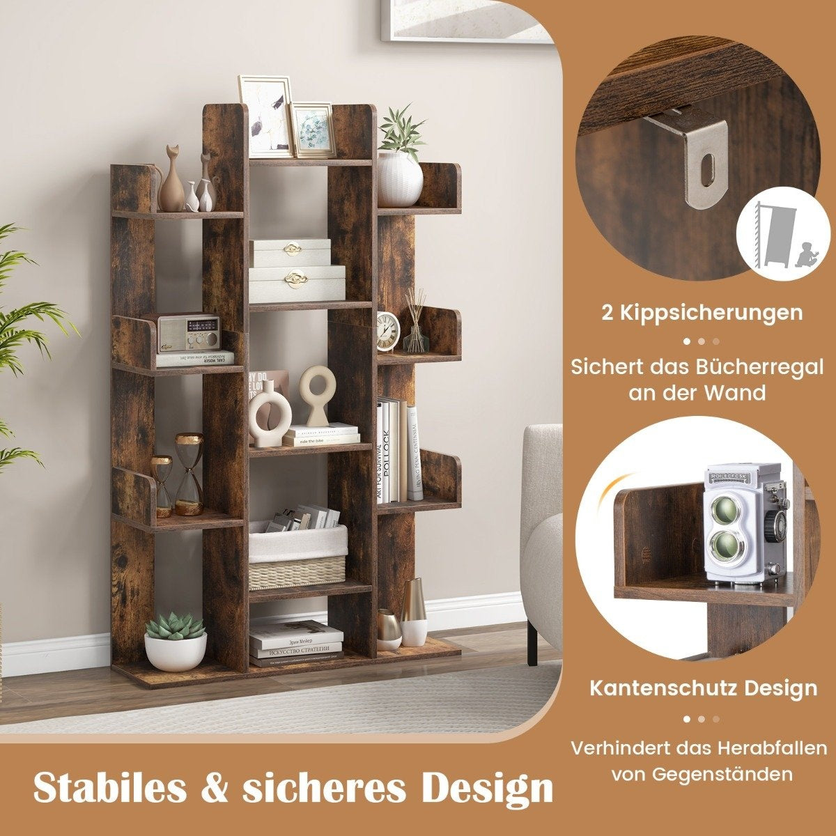 Tree-shaped bookcase with 13 open compartments, storage shelf, wooden shelf, 86 x 24.5 x 141 cm, brown