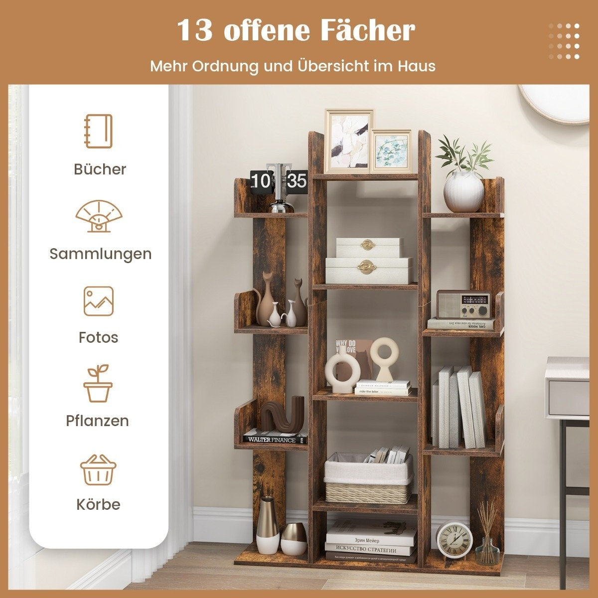 Tree-shaped bookcase with 13 open compartments, storage shelf, wooden shelf, 86 x 24.5 x 141 cm, brown