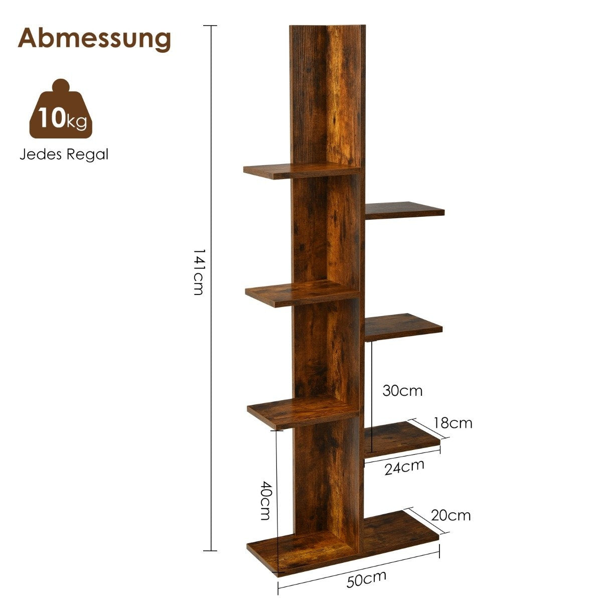 Tree-shaped bookcase with 8 shelves, free-standing shelf, office shelf, 50 x 20 x 141 cm, brown