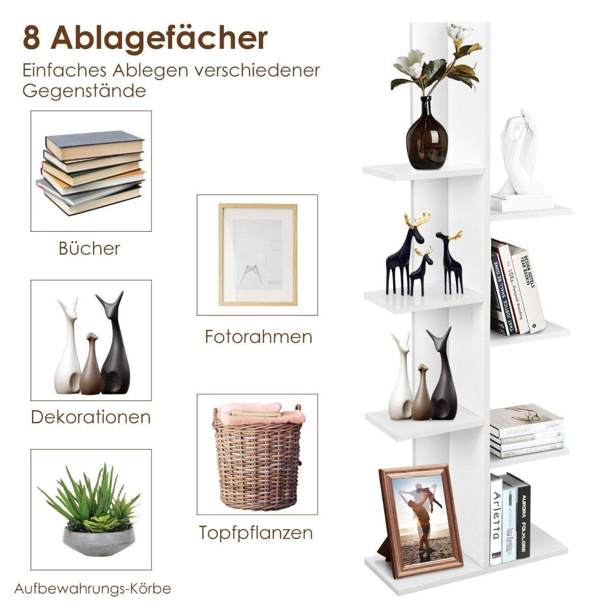 Tree-shaped bookcase with 8 shelves, free-standing shelf, office shelf, 50 x 20 x 141 cm, white