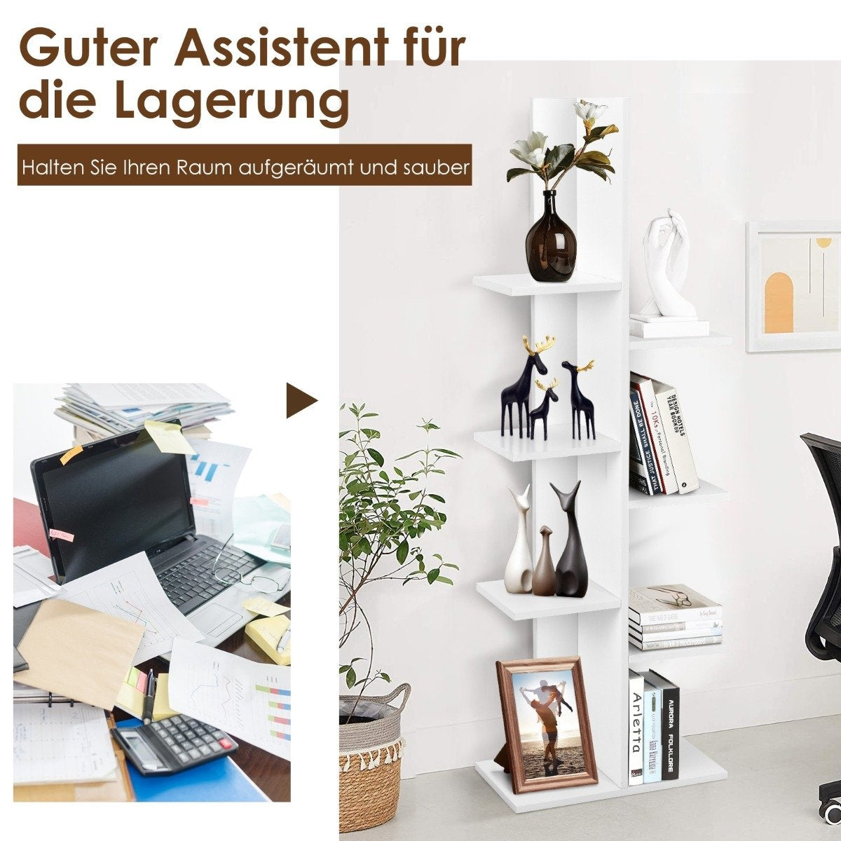 Tree-shaped bookcase with 8 shelves, free-standing shelf, office shelf, 50 x 20 x 141 cm, white