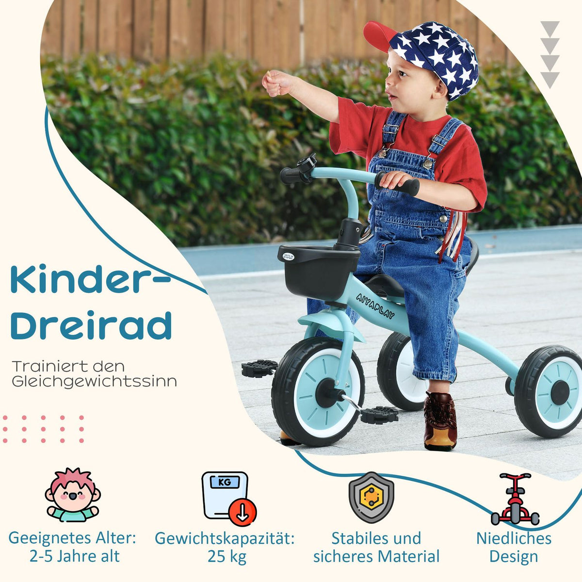 Tricycle Children'S Bike With Adjustable Seat, Balance Bike With Basket & Bell, Pedals, For 2-5 Years