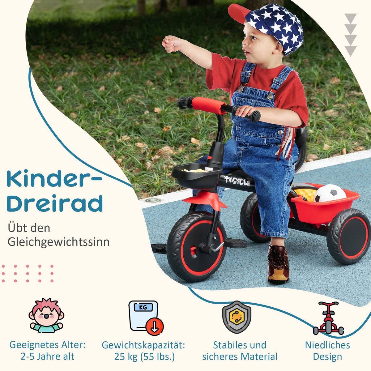 Tricycle, children's tricycle, children's bike with lap belt, pedals, bicycle basket, children's bike with height-adjustable seat, for 2-5 years