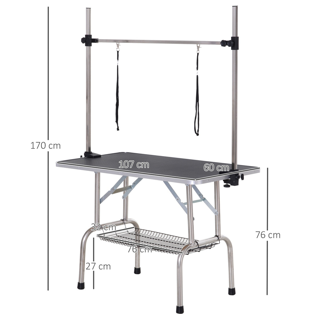 Trimming Table, Animal Grooming Table, Grooming Table With Lower Basket For Dogs, Height-Adjustable, Foldable, Stainless Steel, Metal, Black, 107 X 60 X 170 Cm