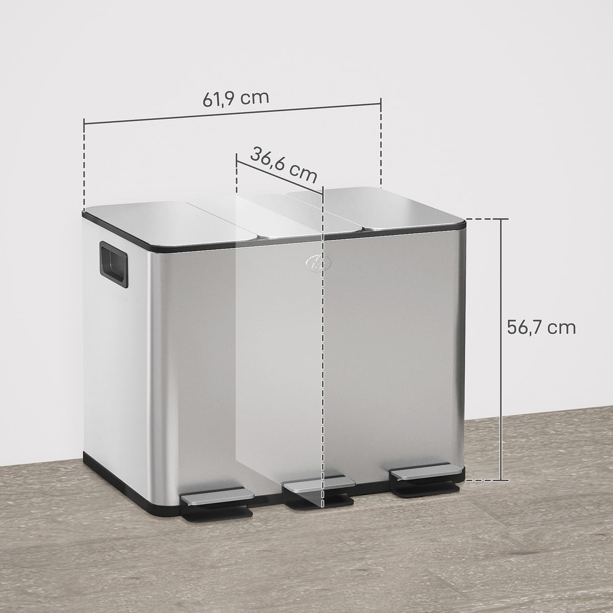 Triple Compartment Stainless Steel Kitchen Bin, 3 x 20L