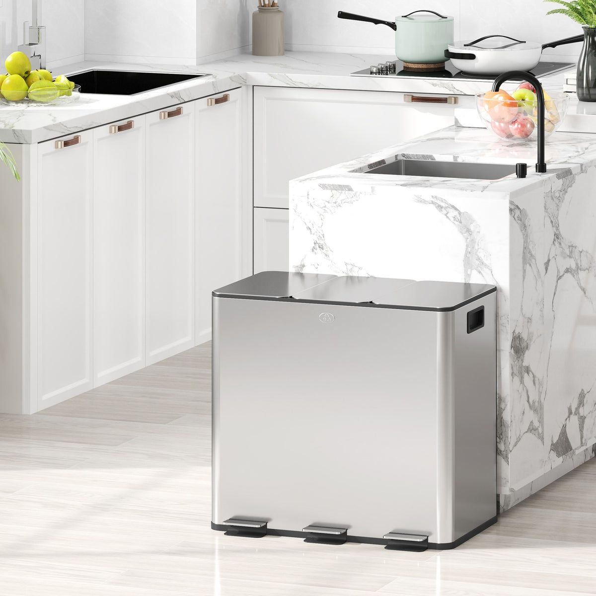 Triple Compartment Stainless Steel Kitchen Trash Bin, 45L