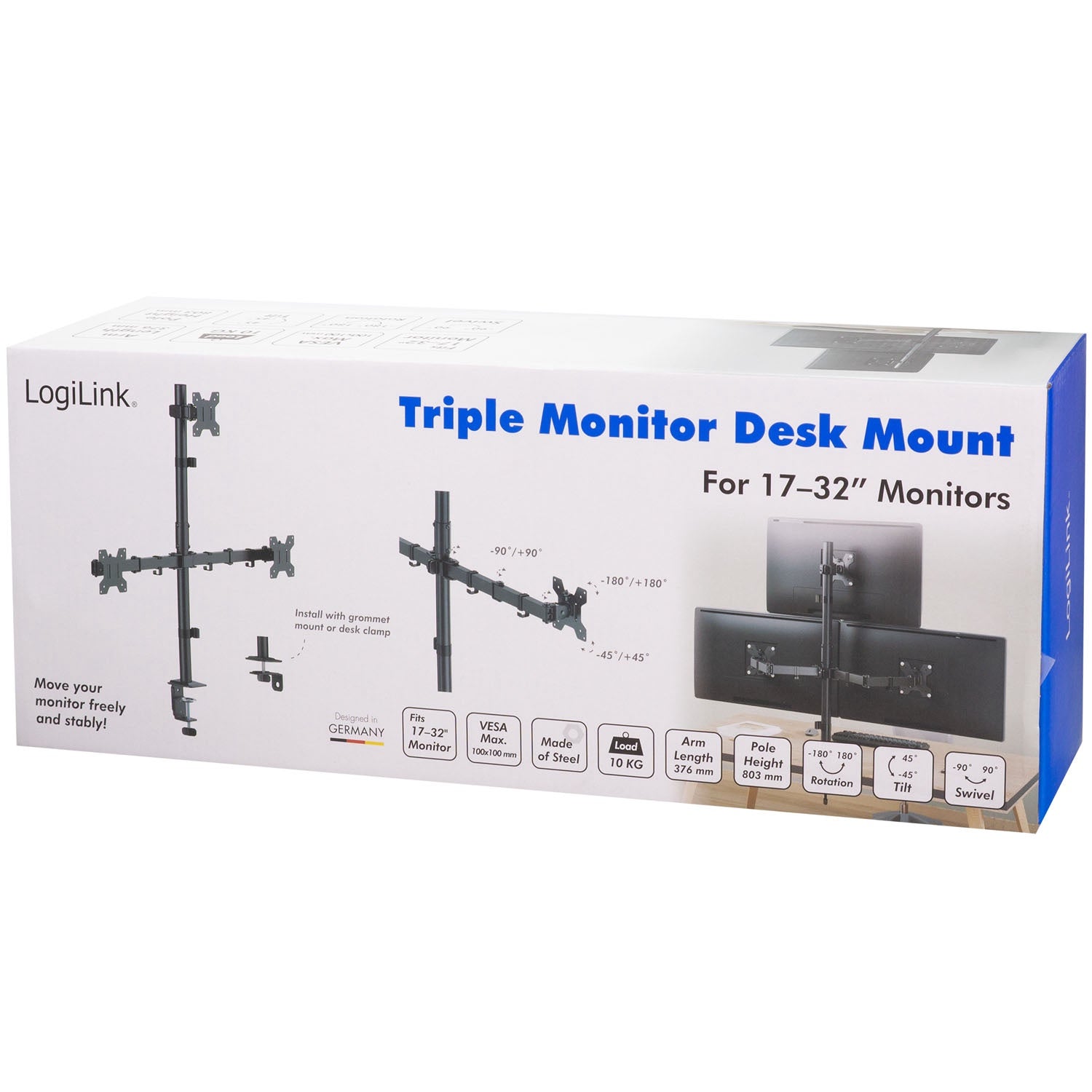 Triple Monitor Mount 17–32" Adjustable Arms, Black