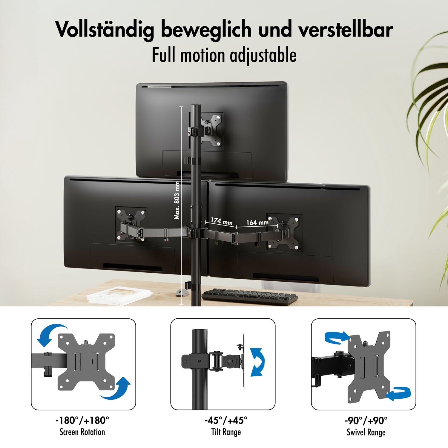 Triple Monitor Mount 17–32" Adjustable Arms, Black