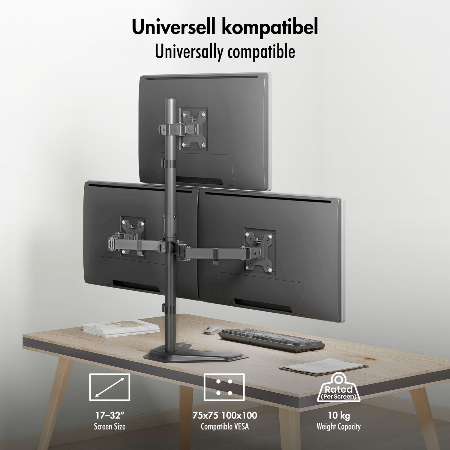 Triple Monitor Stand 17-32" Adjustable Arms Black