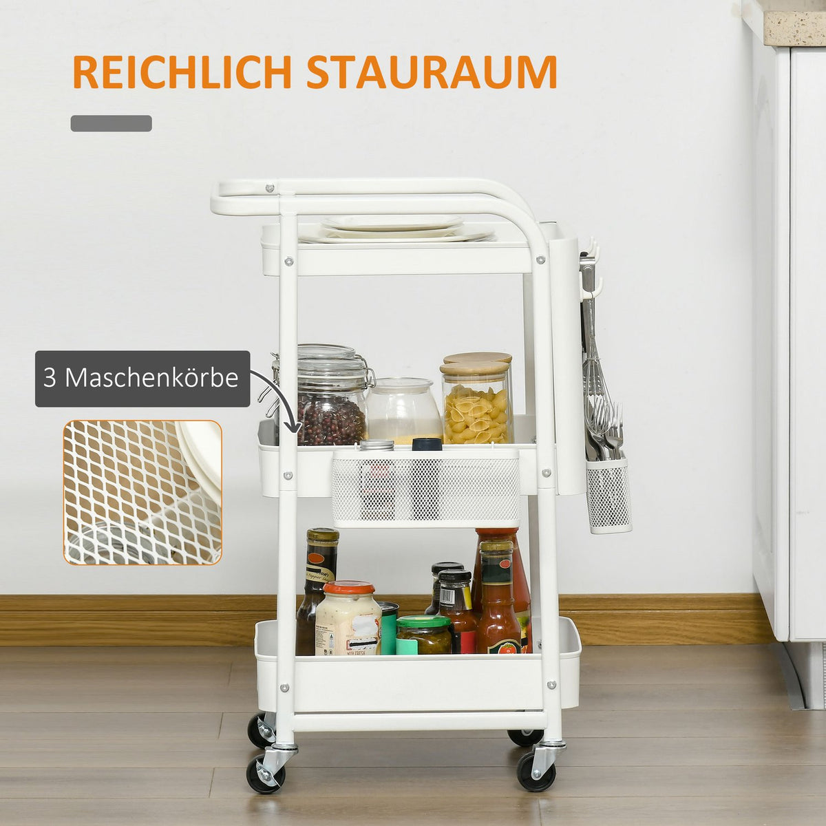 Trolley With Drawers 3-Tier Kitchen Shelf On Wheels For Kitchen Office, Steel, White, 51.5X32X75.6Cm