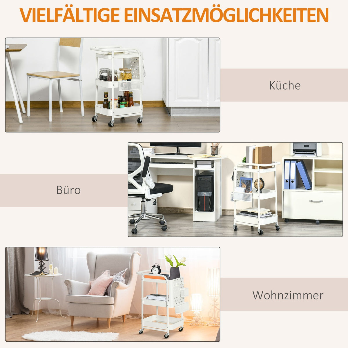 Trolley With Drawers 3-Tier Kitchen Shelf On Wheels For Kitchen Office, Steel, White, 51.5X32X75.6Cm