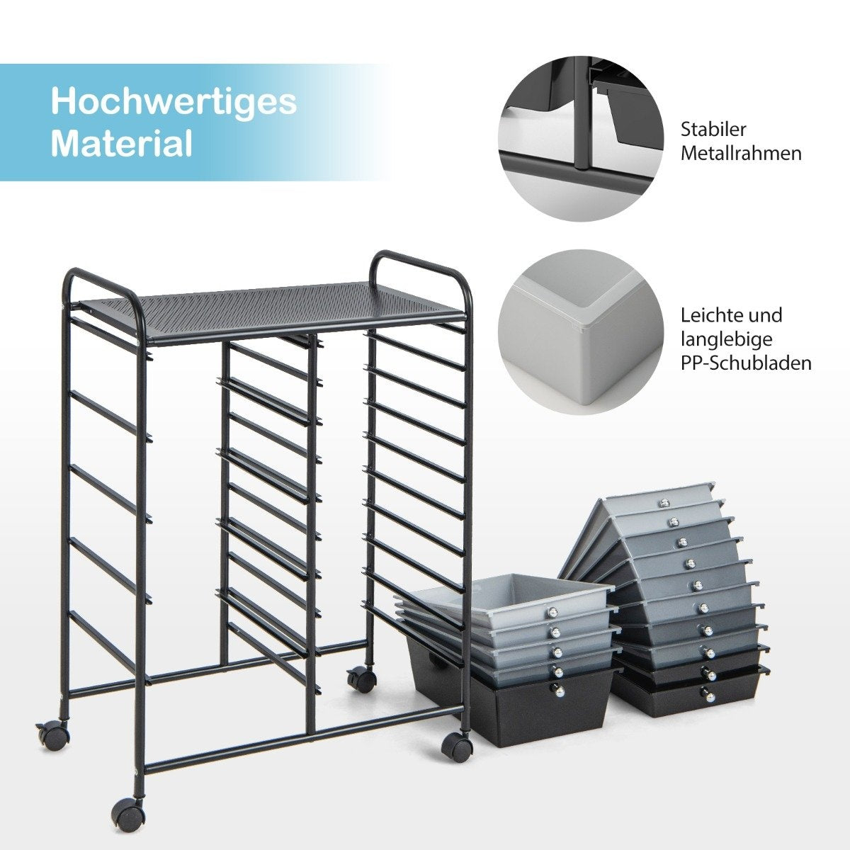 Trolley with 15 stackable drawers Roll container side trolley with 15 drawers Black 62.5 x 37 x 87 cm