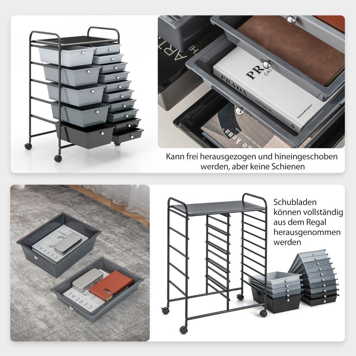 Trolley with 15 stackable drawers Roll container side trolley with 15 drawers Black 62.5 x 37 x 87 cm