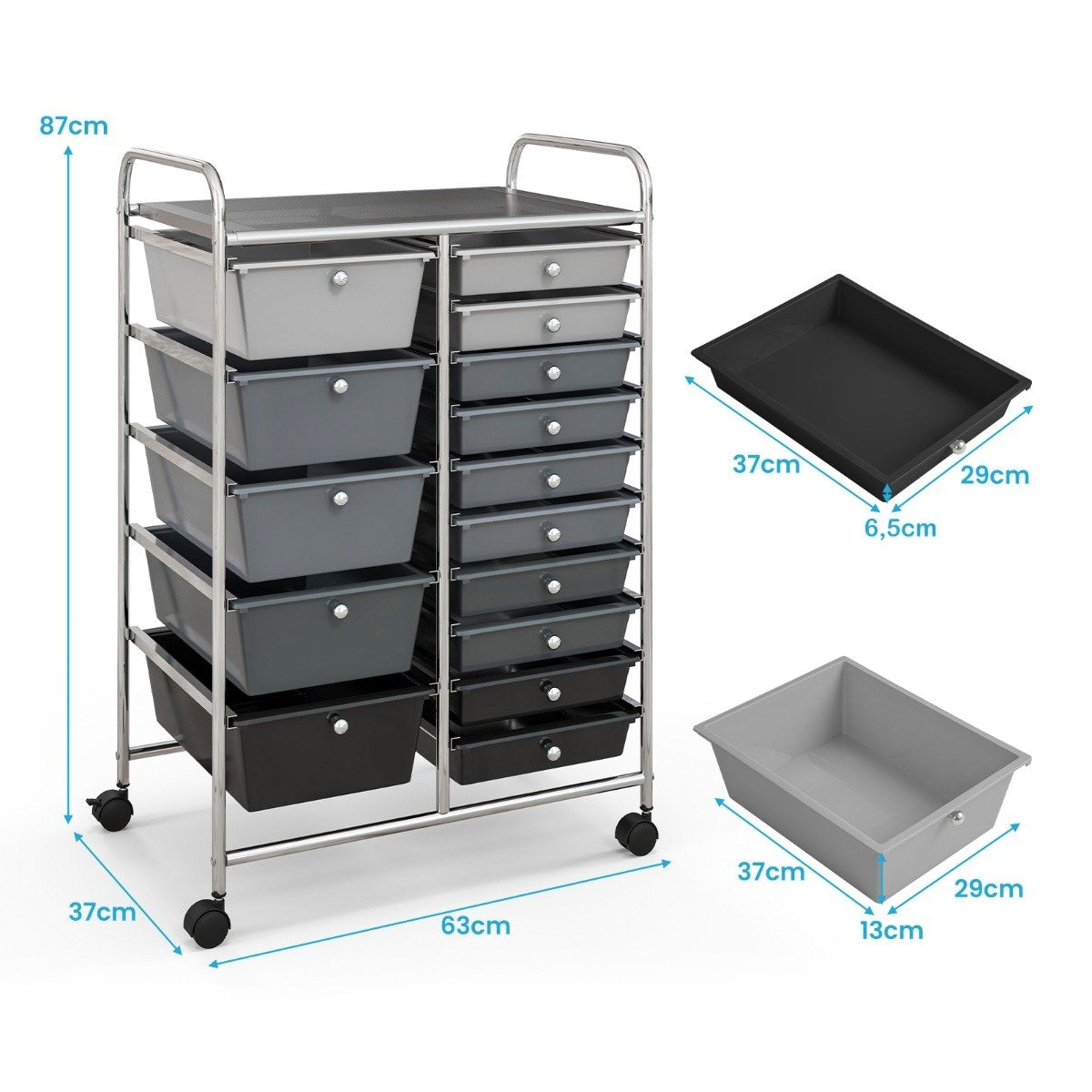 Trolley with 15 stackable drawers Roll container side trolley with 15 drawers silver 62.5 x 37 x 87 cm