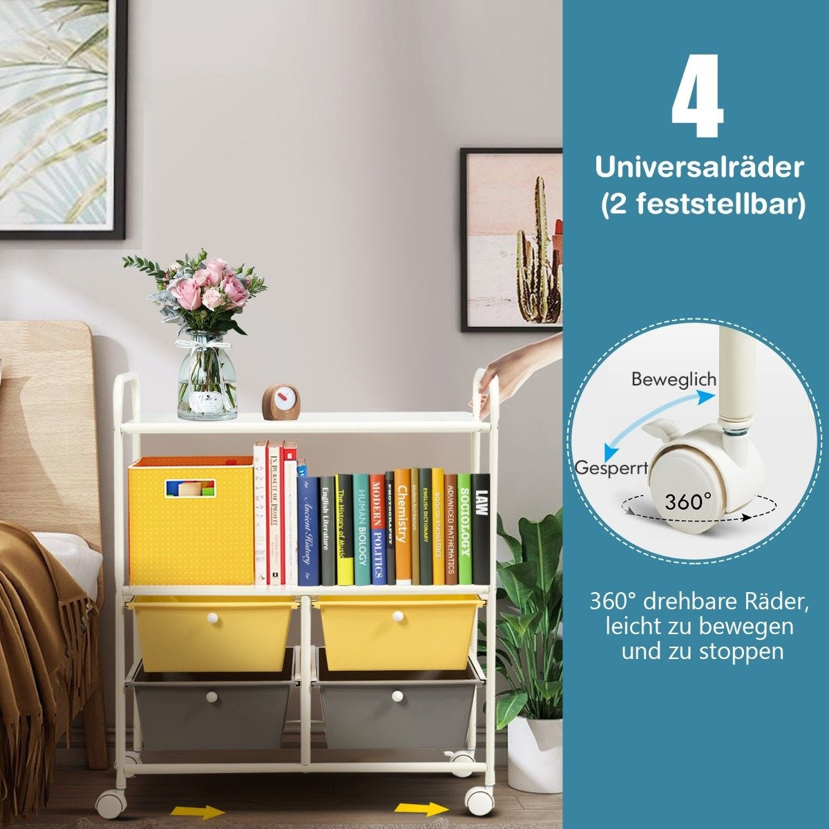 Trolley with 4 stackable drawers & metal frame & storage areas roll container yellow