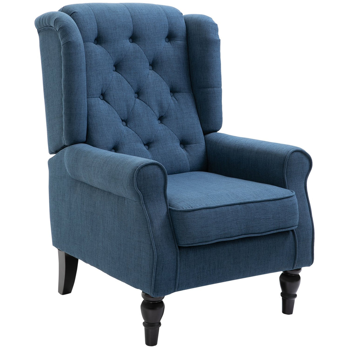 Tufted Wing Chair High Back Upholstered Lounge Chair with Rounded Armrests Wooden Legs for Bedroom Living Room up to 160kg Blue