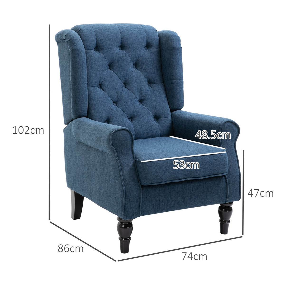 Tufted Wing Chair High Back Upholstered Lounge Chair with Rounded Armrests Wooden Legs for Bedroom Living Room up to 160kg Blue