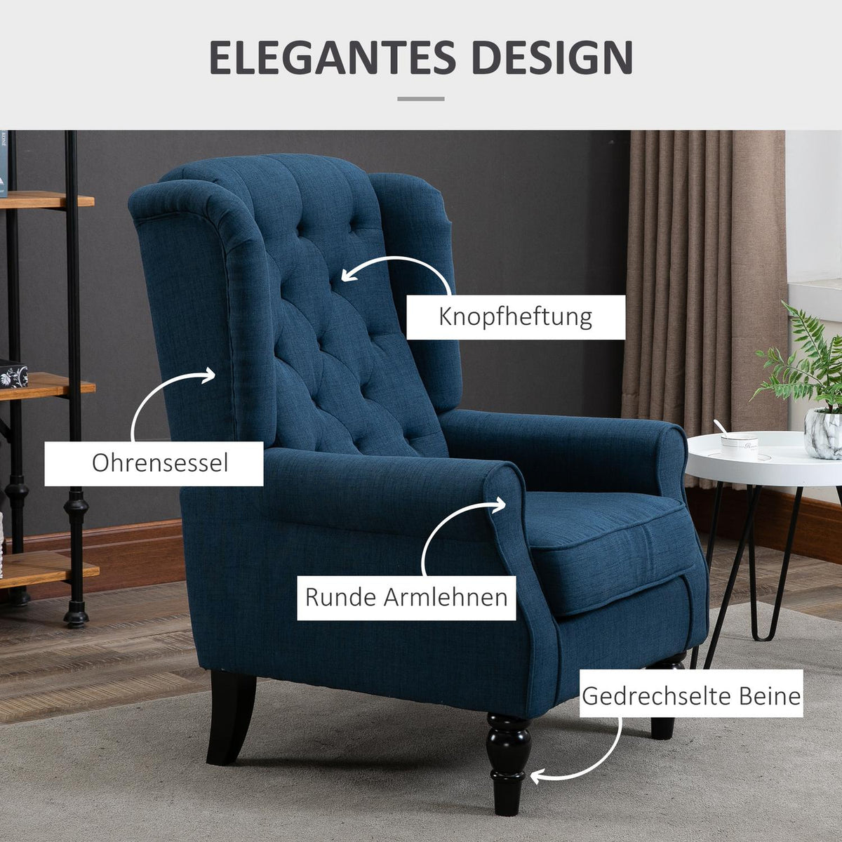 Tufted Wing Chair High Back Upholstered Lounge Chair with Rounded Armrests Wooden Legs for Bedroom Living Room up to 160kg Blue