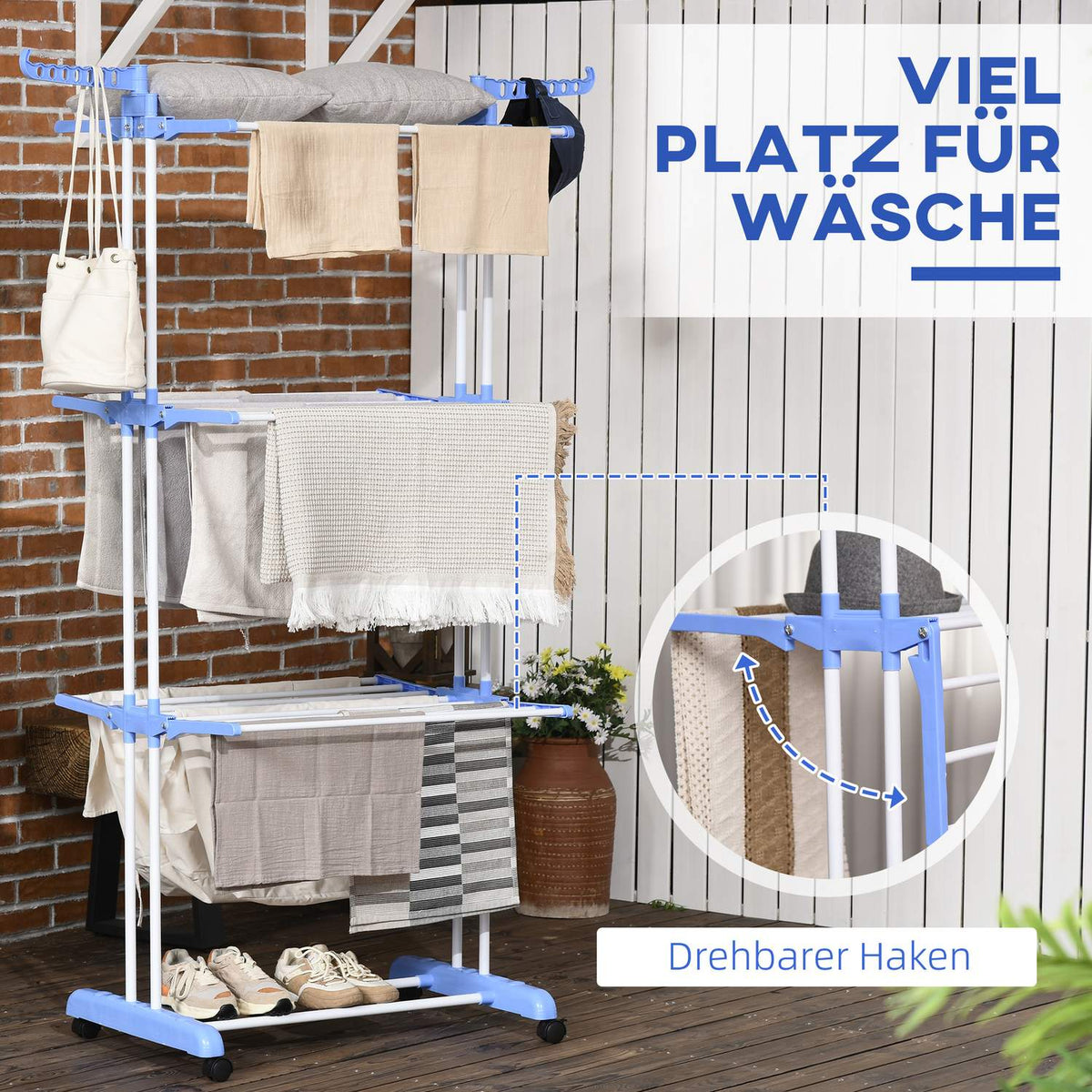 Tumble Dryer Tower Clothes Airer With Wheels, Clothes Airer With 4 Levels, Stand Dryer, Extendable Laundry Tower For Indoor And Outdoor Use, Steel Blue