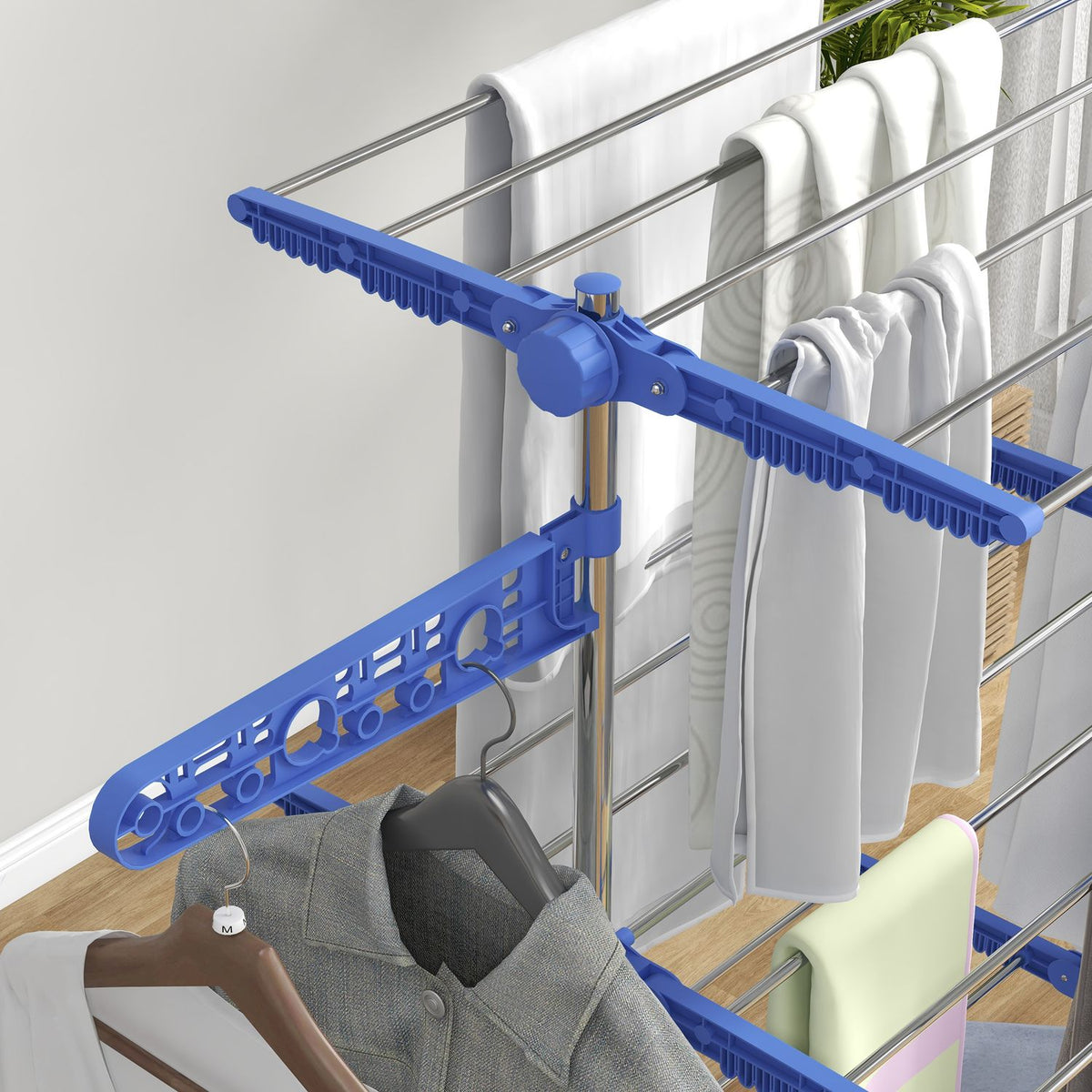 Tumble Dryer Tower Wheels 3 Levels Foldable Side Wings Steel Blue