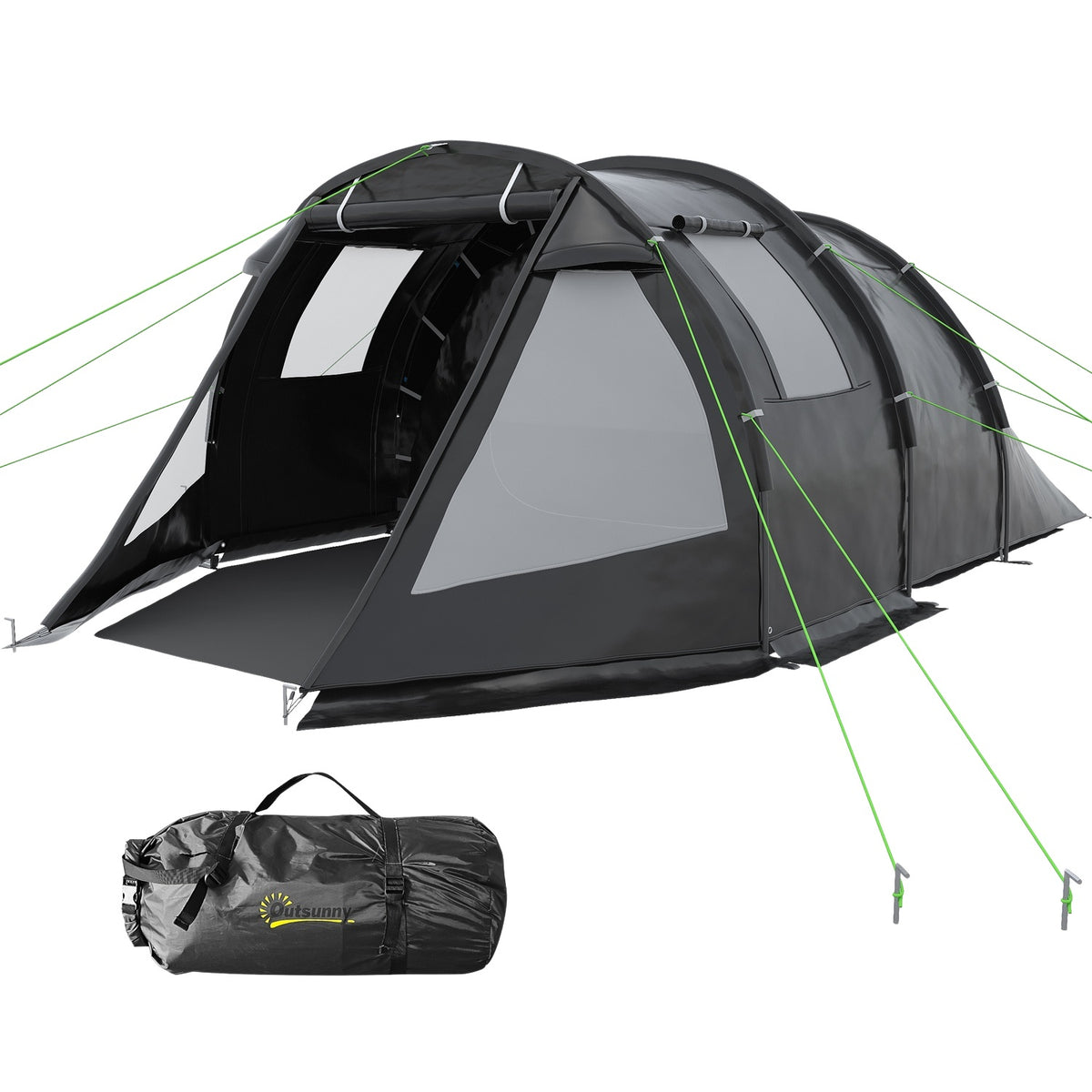 Tunnel Tent 4-Person Camping Tent With 2 Rooms, Uv Protection, Carry Bag, 2000Mm Water Column, Black