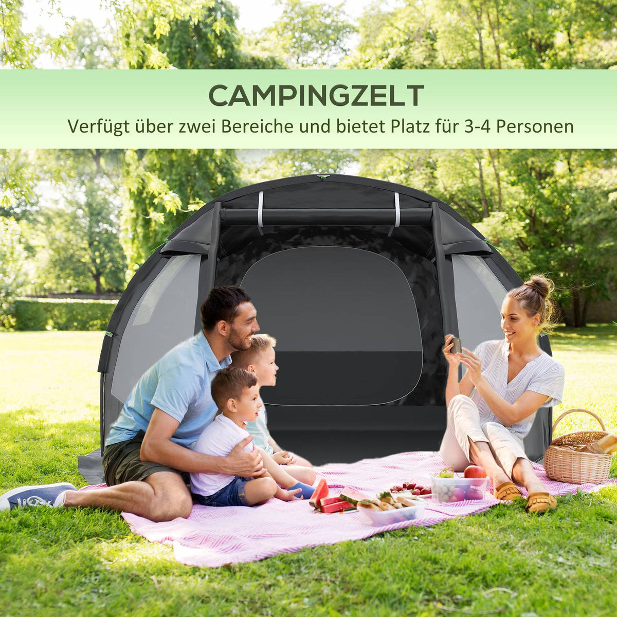 Tunnel Tent 4-Person Camping Tent With 2 Rooms, Uv Protection, Carry Bag, 2000Mm Water Column, Black