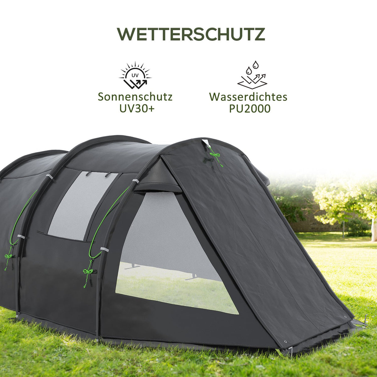 Tunnel Tent 4-Person Camping Tent With 2 Rooms, Uv Protection, Carry Bag, 2000Mm Water Column, Black