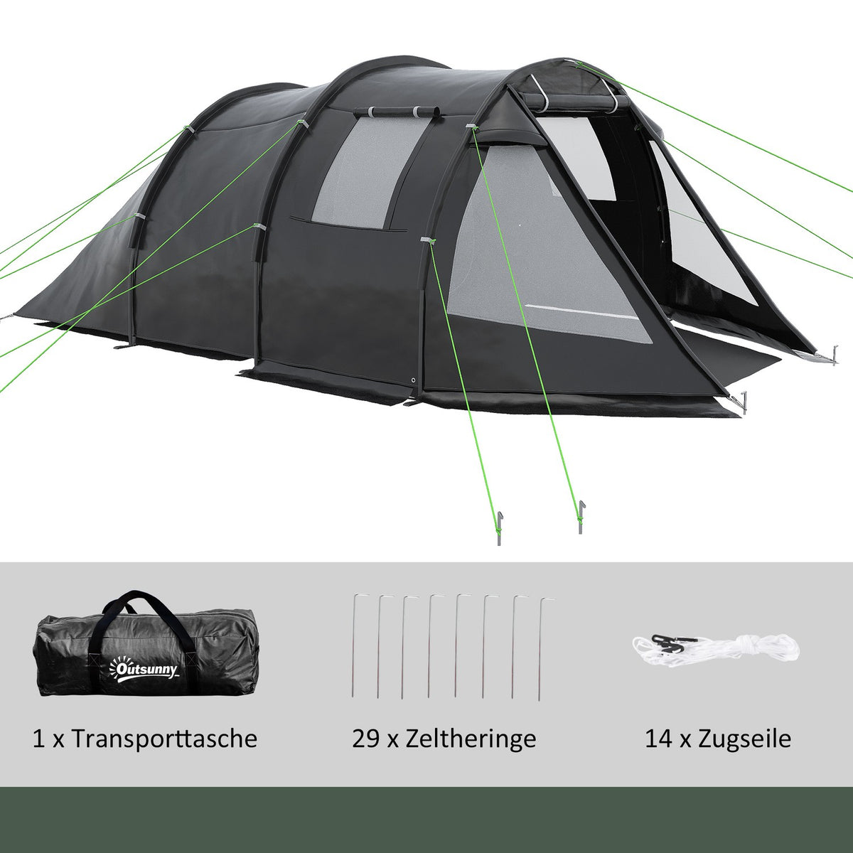 Tunnel Tent 4-Person Camping Tent With 2 Rooms, Uv Protection, Carry Bag, 2000Mm Water Column, Black