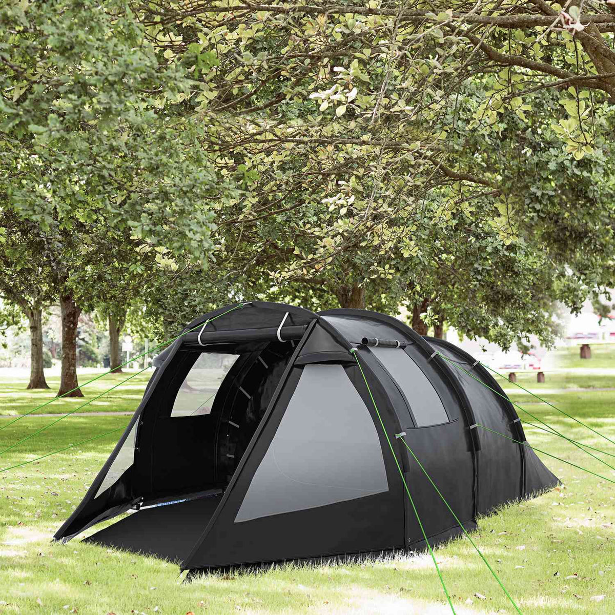 Tunnel Tent 4-Person Camping Tent With 2 Rooms, Uv Protection, Carry Bag, 2000Mm Water Column, Black
