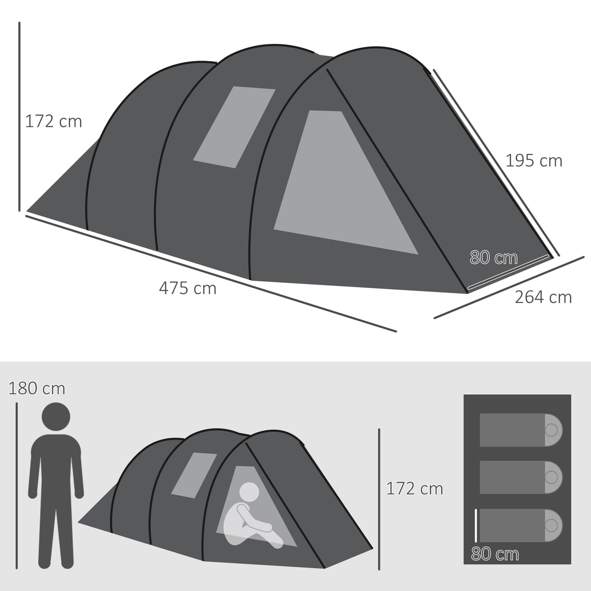 Tunnel Tent 4-Person Camping Tent With 2 Rooms, Uv Protection, Carry Bag, 2000Mm Water Column, Black