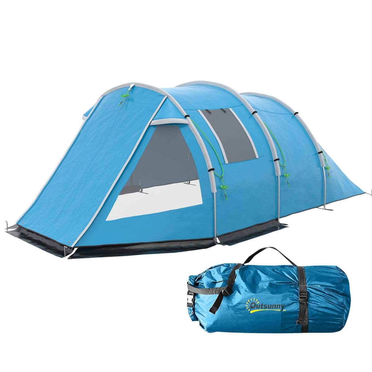 Tunnel Tent 4-Person Camping Tent With 2 Rooms, Uv Protection, Window, Carry Bag, 2000Mm Water Column, Blue