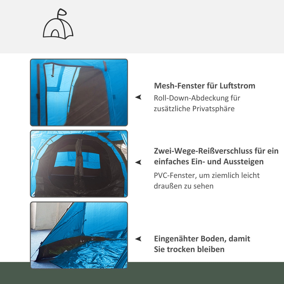Tunnel Tent 4-Person Camping Tent With 2 Rooms, Uv Protection, Window, Carry Bag, 2000Mm Water Column, Blue