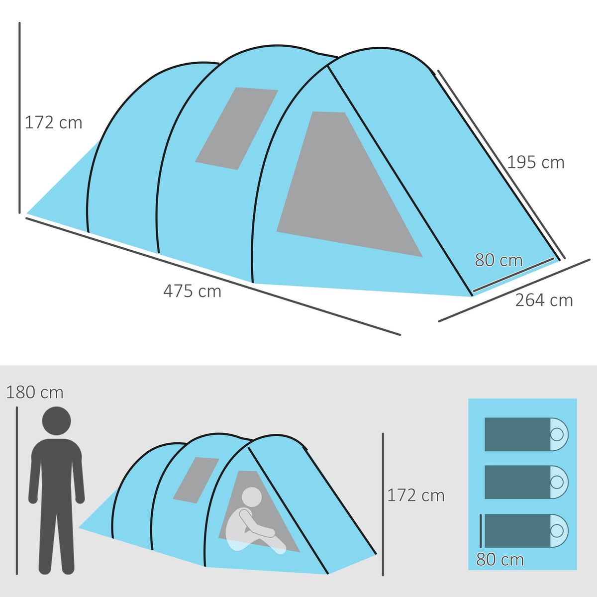 Tunnel Tent 4-Person Camping Tent With 2 Rooms, Uv Protection, Window, Carry Bag, 2000Mm Water Column, Blue
