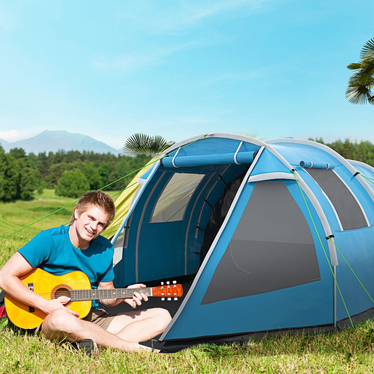 Tunnel Tent 4-Person Camping Tent With 2 Rooms, Uv Protection, Window, Carry Bag, 2000Mm Water Column, Blue