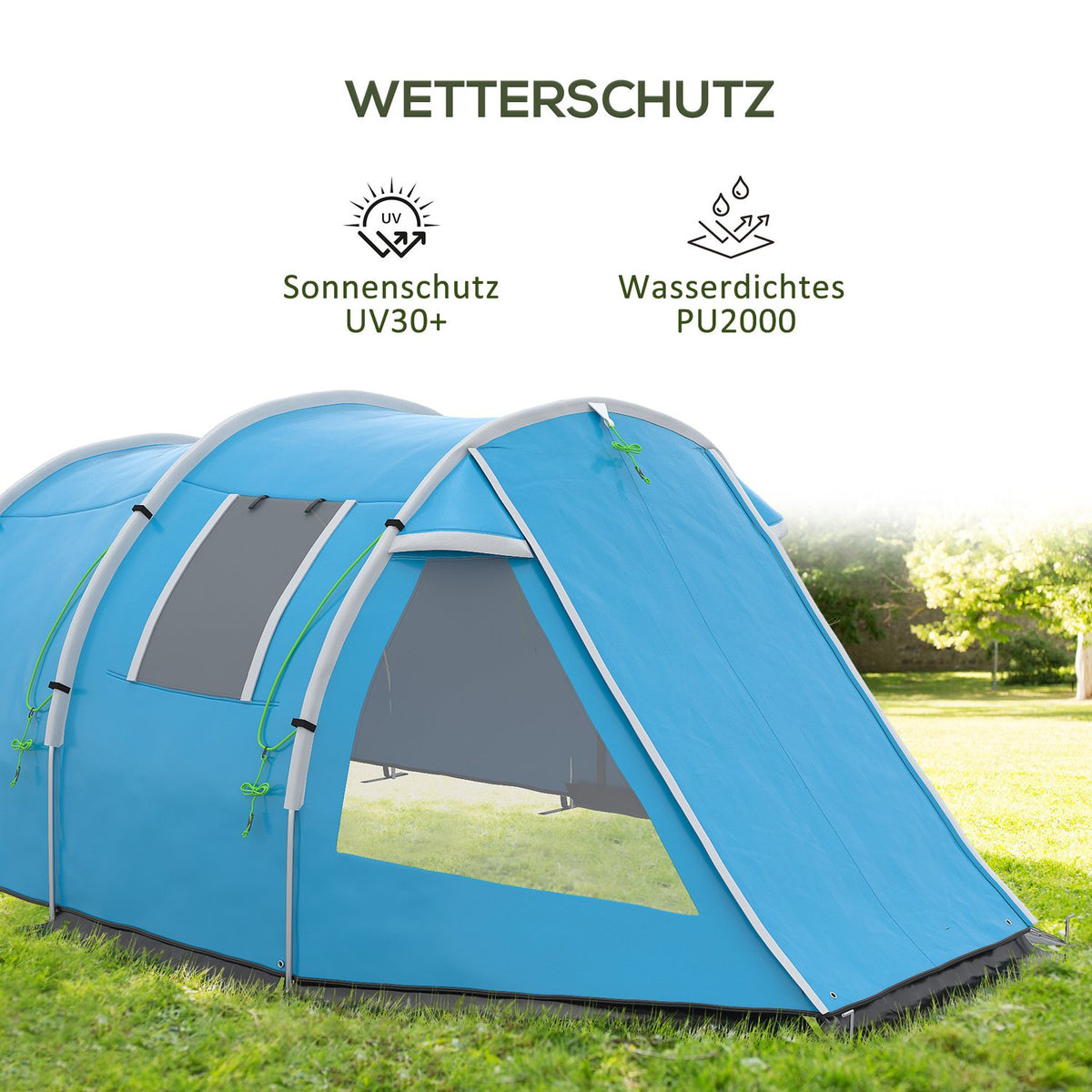 Tunnel Tent 4-Person Camping Tent With 2 Rooms, Uv Protection, Window, Carry Bag, 2000Mm Water Column, Blue