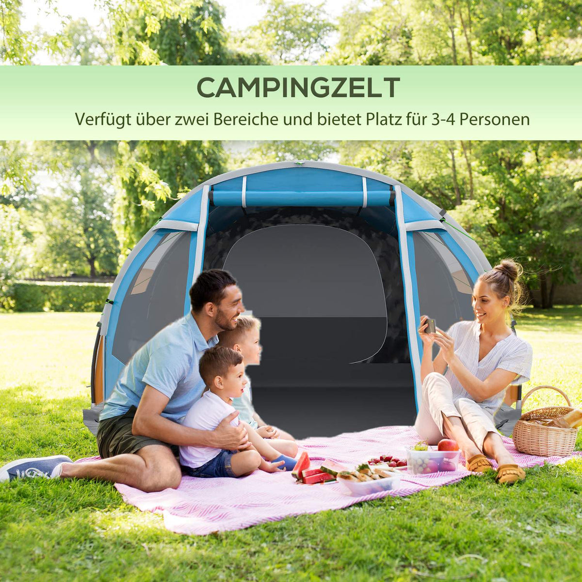Tunnel Tent 4-Person Camping Tent With 2 Rooms, Uv Protection, Window, Carry Bag, 2000Mm Water Column, Blue