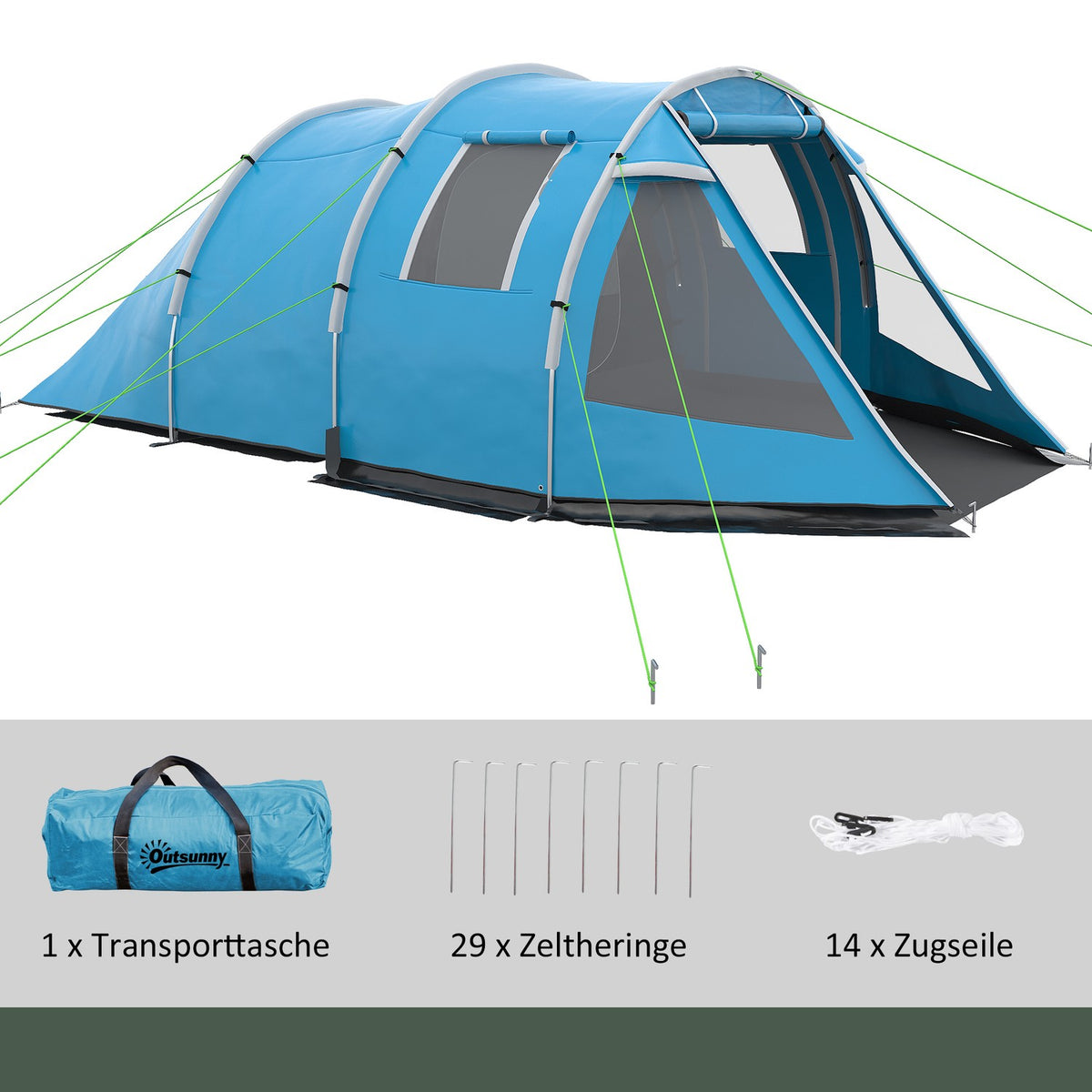 Tunnel Tent 4-Person Camping Tent With 2 Rooms, Uv Protection, Window, Carry Bag, 2000Mm Water Column, Blue
