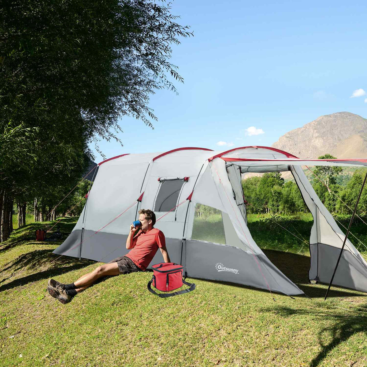 Tunnel Tent 8-Person Camping Tent With Sleeping Cabin, Living Room, Carry Bag, 2000Mm Water Column, Grey