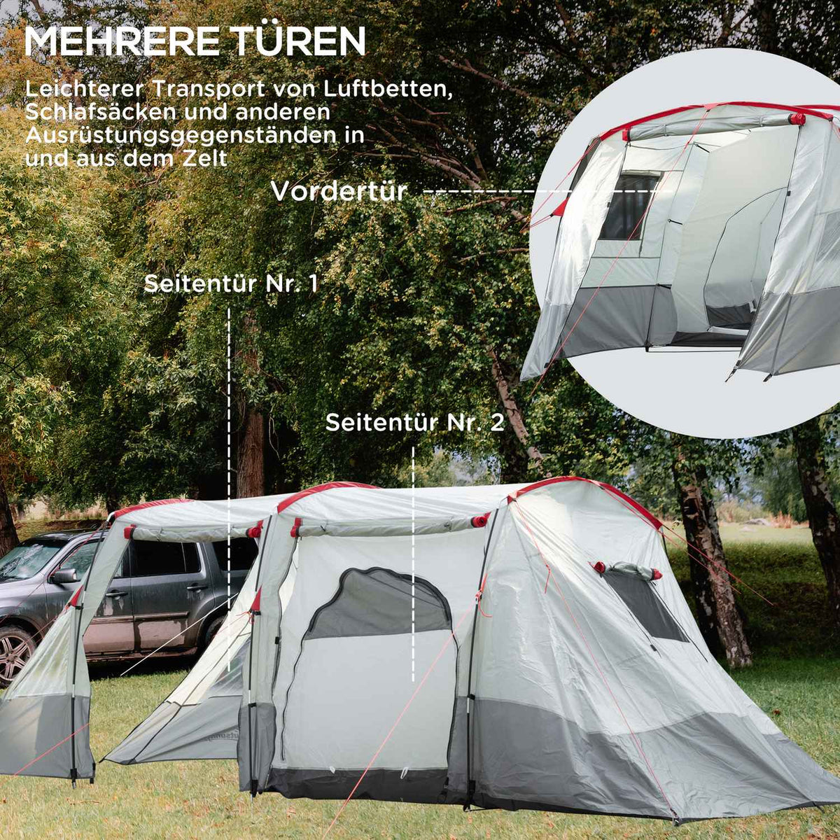 Tunnel Tent 8-Person Camping Tent With Sleeping Cabin, Living Room, Carry Bag, 2000Mm Water Column, Grey