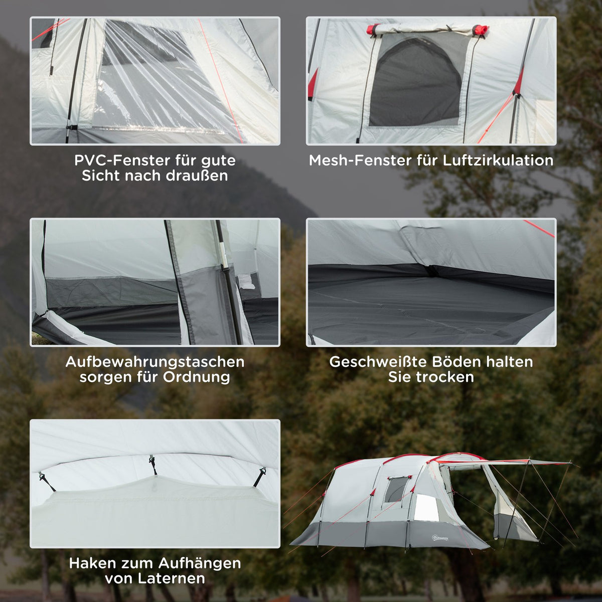 Tunnel Tent 8-Person Camping Tent With Sleeping Cabin, Living Room, Carry Bag, 2000Mm Water Column, Grey
