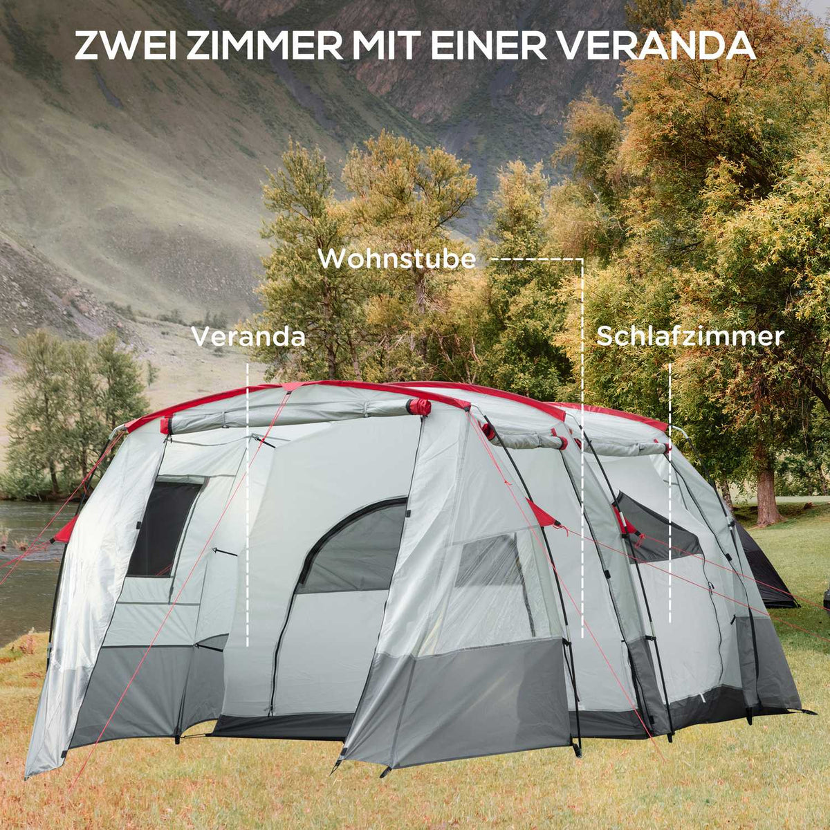 Tunnel Tent 8-Person Camping Tent With Sleeping Cabin, Living Room, Carry Bag, 2000Mm Water Column, Grey