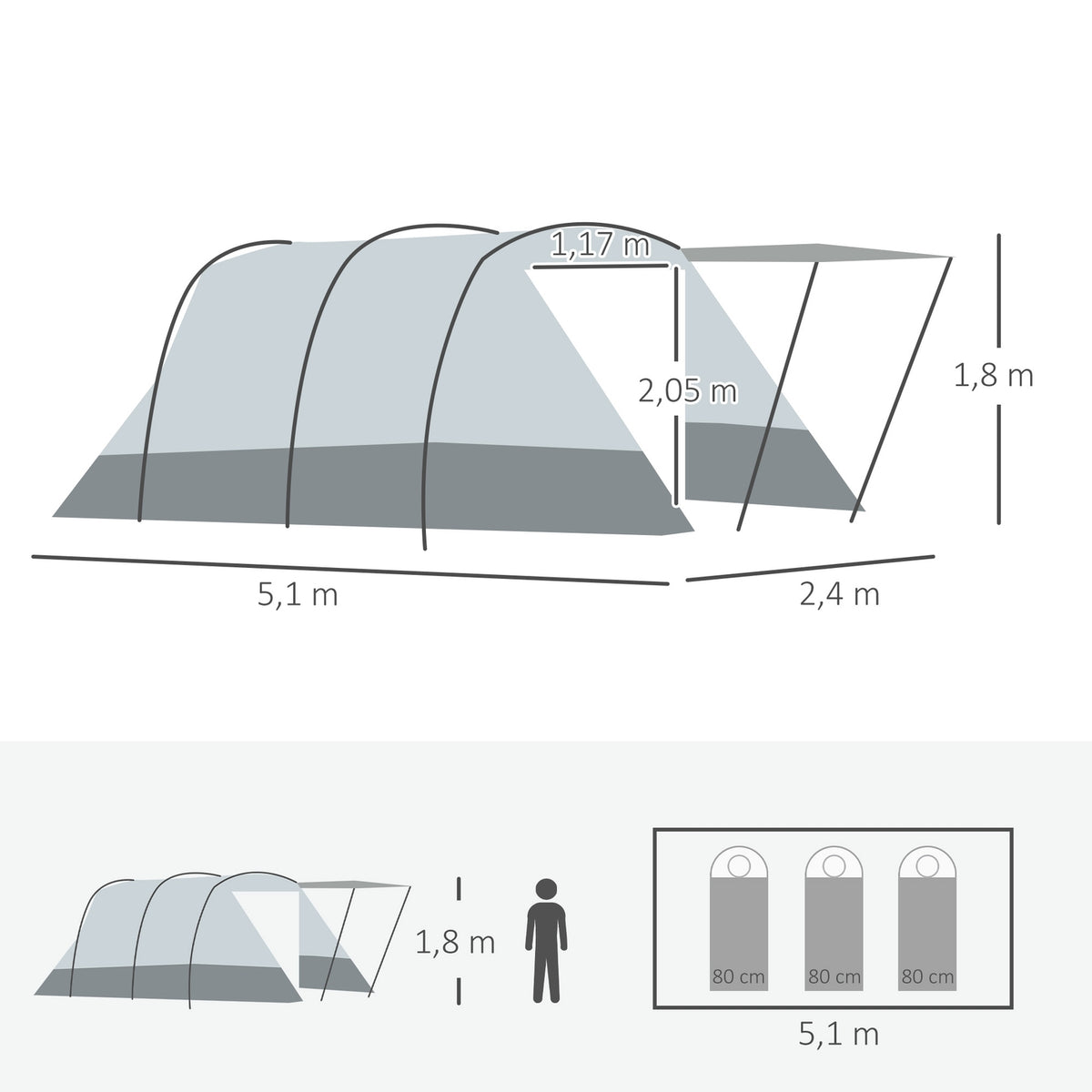 Tunnel Tent 8-Person Camping Tent With Sleeping Cabin, Living Room, Carry Bag, 2000Mm Water Column, Grey