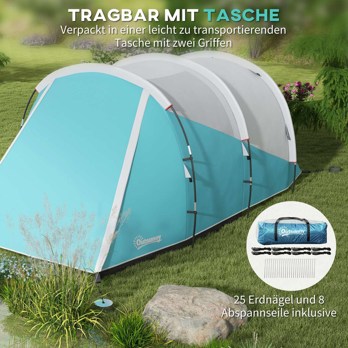 Tunnel Tent Camping Tent 5 People 2 Rooms Carry Bag 3000Mm Water-Repellent Blue