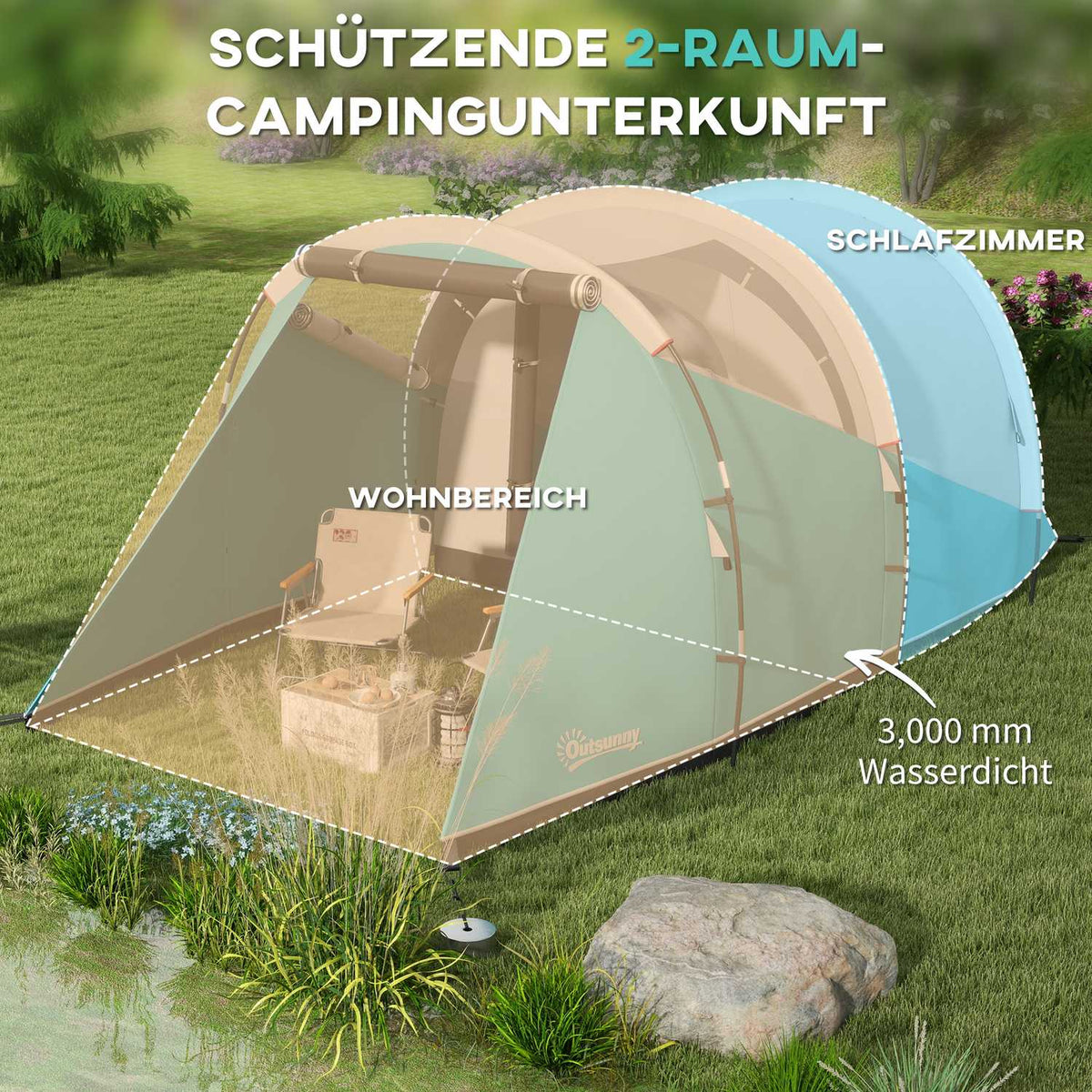 Tunnel Tent Camping Tent 5 People 2 Rooms Carry Bag 3000Mm Water-Repellent Blue
