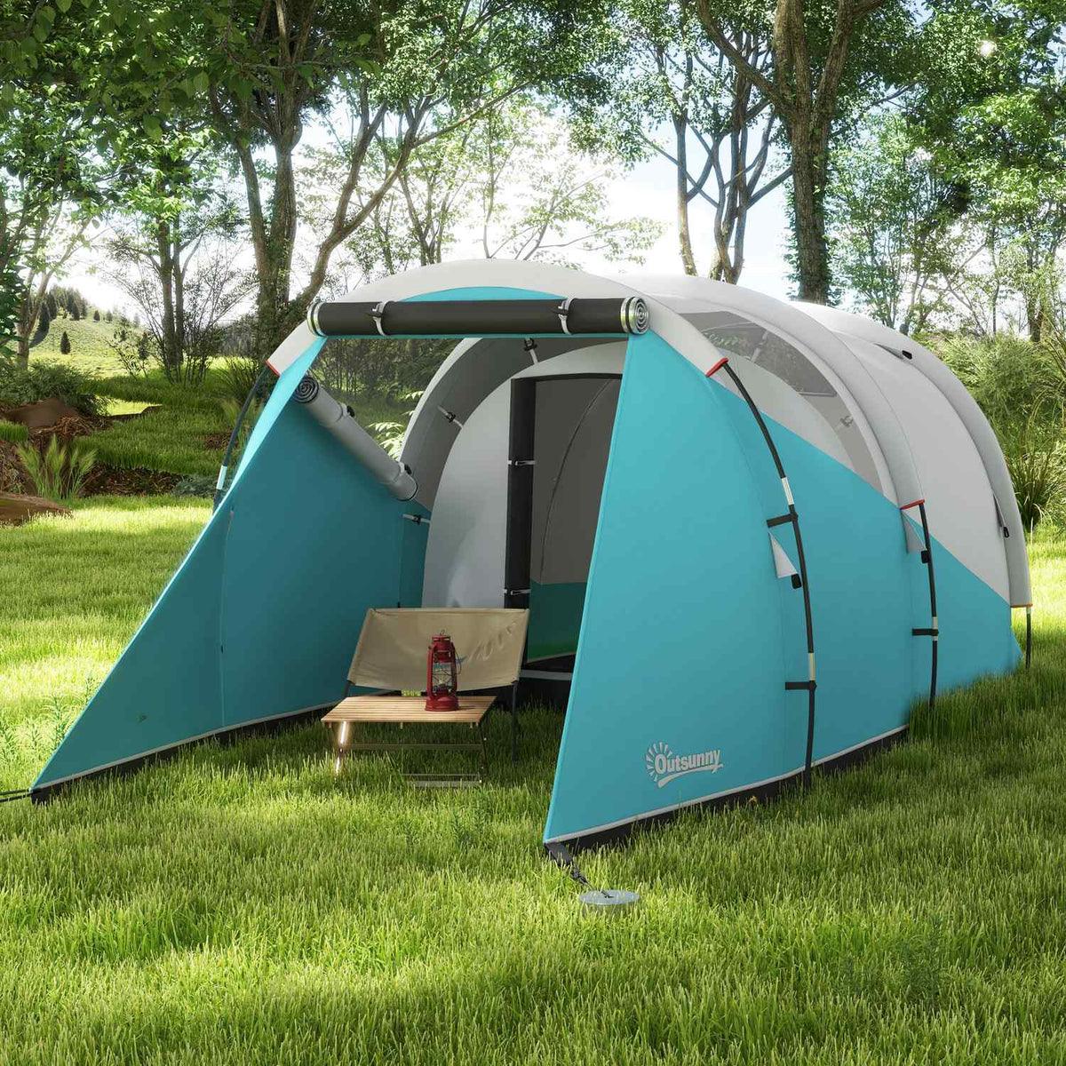 Tunnel Tent Camping Tent 5 People 2 Rooms Carry Bag 3000Mm Water-Repellent Blue