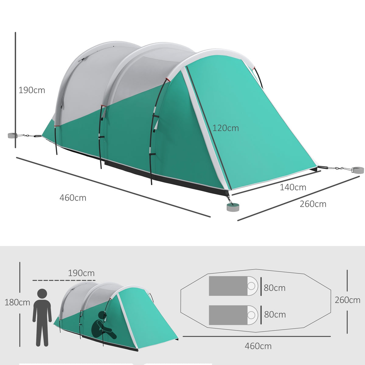 Tunnel Tent Camping Tent 5 Person Family Tent 2 Rooms Carry Bag 3000Mm Group Tent Garden Green