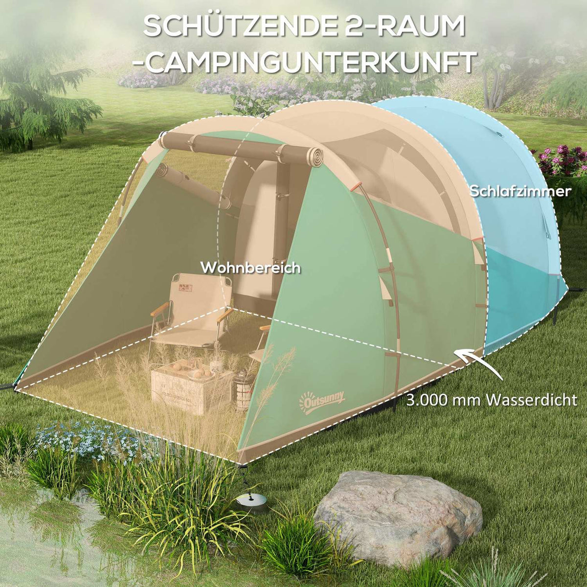Tunnel Tent Camping Tent 5 Person Family Tent 2 Rooms Carry Bag 3000Mm Group Tent Garden Green
