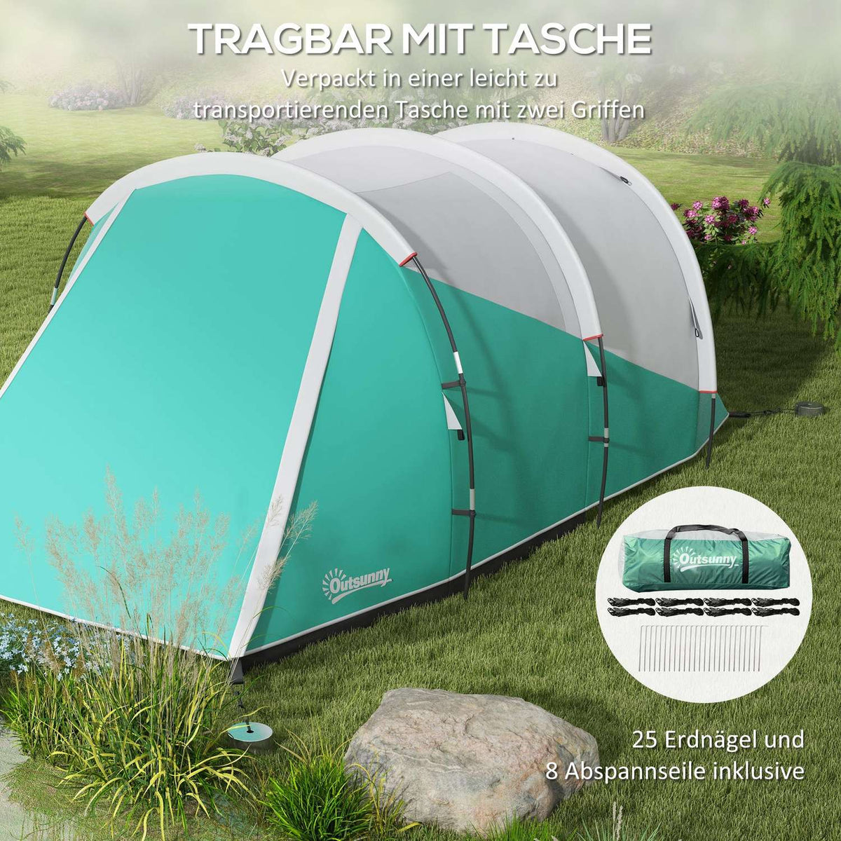 Tunnel Tent Camping Tent 5 Person Family Tent 2 Rooms Carry Bag 3000Mm Group Tent Garden Green