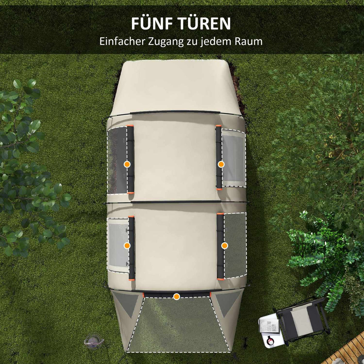 Tunnel Tent Camping Tent 5 Person Family Tent 2 Rooms Side Window Carry Bag 3000Mm Garden Khaki