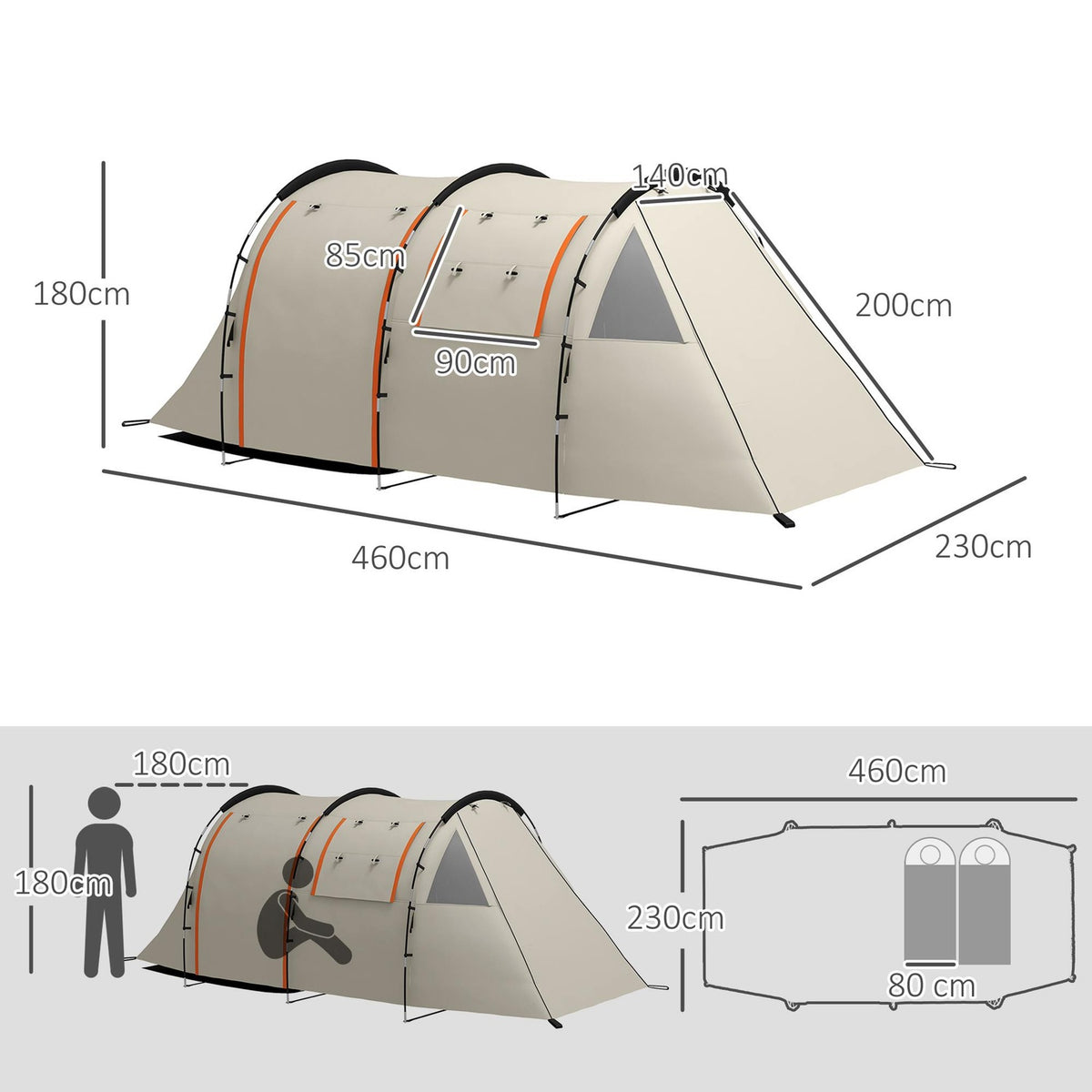 Tunnel Tent Camping Tent 5 Person Family Tent 2 Rooms Side Window Carry Bag 3000Mm Garden Khaki